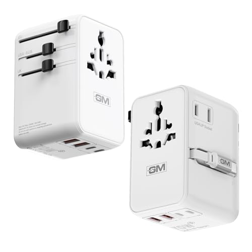 GM G+ 70W TravelEase Pro GaN International Travel Adapter, US, UK, EU, AU & 150+ Countries, 75cm Retractable Cable, 2 USB-A&USB-C Ports, Fast Charging Smartphones, Laptop, MacBook Air-M4, Tablet, DSLR