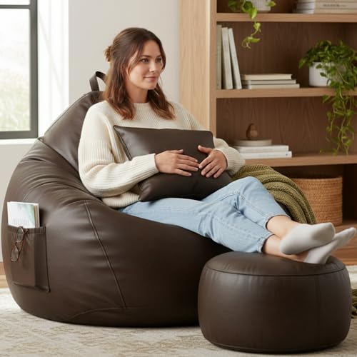KAM'S LIEU 6XL Luxury Faux Leather Bean Bag with Footrest & Cushion | Pre-Filled High-Density Polystyrene Beans | Premium Leatherette |Teardrop Handle Design | 6 Months Warranty Color- Brown
