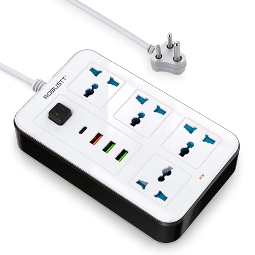Robustt 4‑Outlet Extension Board with 3 USB & 1 Fast Charging Type-C Port | 1.7 m Cable | Wall Mountable Extension Board | 2500W Multi Plug Extension Cord for Home & Office (Pack of 1)