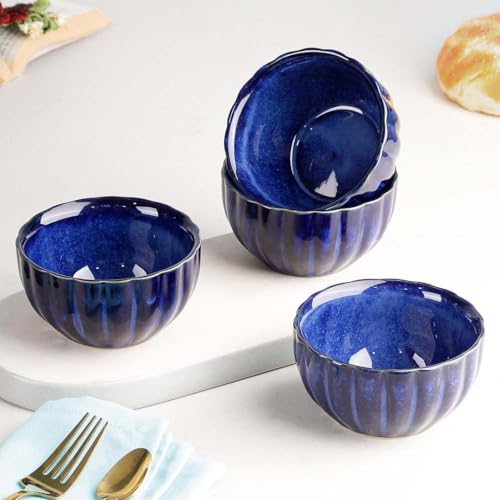 The Earth Store Blue Ribbed Cerami Set of 4, 320ML Each Multipurpose Snack, Microwave & Dishwasher Safe| Ideal for Gifting, Serving Snacks, Rice, Dal, Fruits, Salad, Nuts
