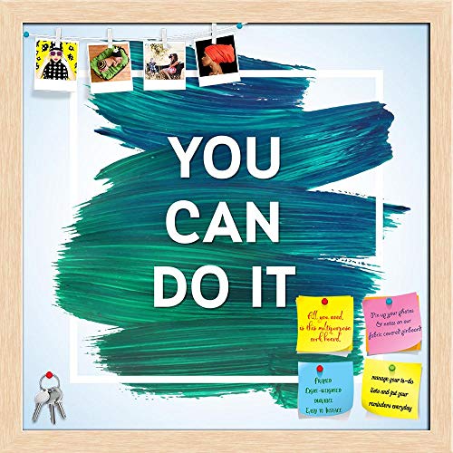 ArtzFolio You Can Do It D2 | Bulletin Board Notice Pin Board | Vision Soft Board Combo with Thumb Push Pins & Sticky Notes | Natural Brown Frame | 16 x 16 inch (41 x 41 cms)