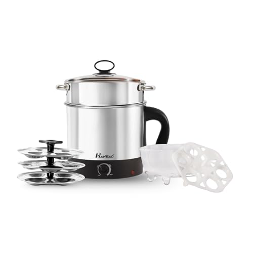 Hanbao Electric Multi Kettle, 1.5ltr, 600W, Silver Black | SS Body, With Steamer & Idly Plate, SS Grill Rack, Cake Bowl, Boiling Rack, 1 Year Warranty