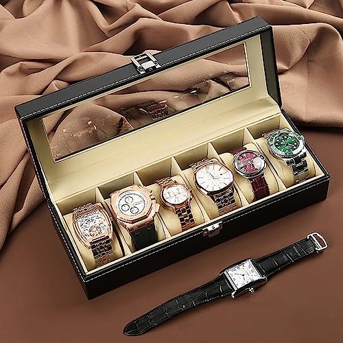 wolpin 6 Slot Watch Box for Men & Women | PU Leather Watch Box Organiser Holder - Luxury Black