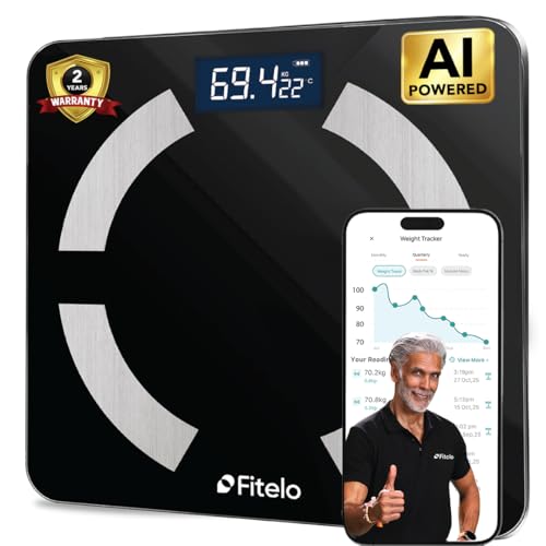 Fitelo Smart BMI Weight Scale | Track 25+ Body Parameters, Body Fat & Muscle Mass | 100+ User Profiles | 2 Yr Warranty | Large Foot Area | Free App Sync & Health Report Card | For Home & Gym Fitness
