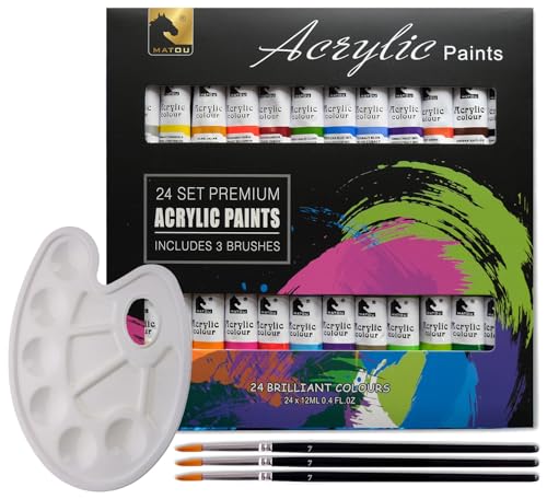 STORE 2508 Willows Acrylic Paint Set – 24 Premium Acrylic Paint Tubes with 3 Brushes & Palette– Vibrant, Non-Toxic Pigments for Canvas, Glass, Plastic, Rocks, Arts and Crafts