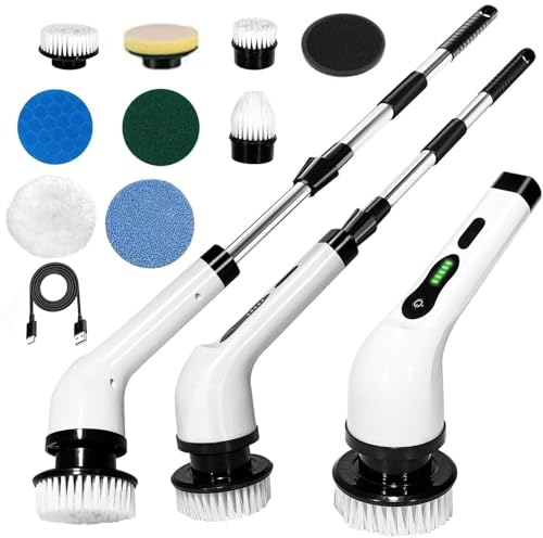 9 in 1 Electric Spin Scrubber,Cleaning Brush Scruber for Home, 400RPM/Mins-9 Replaceable Brush Heads-90Mins Work Time,Adjustable Size,2 Adjustable Speeds for Bathroom Shower