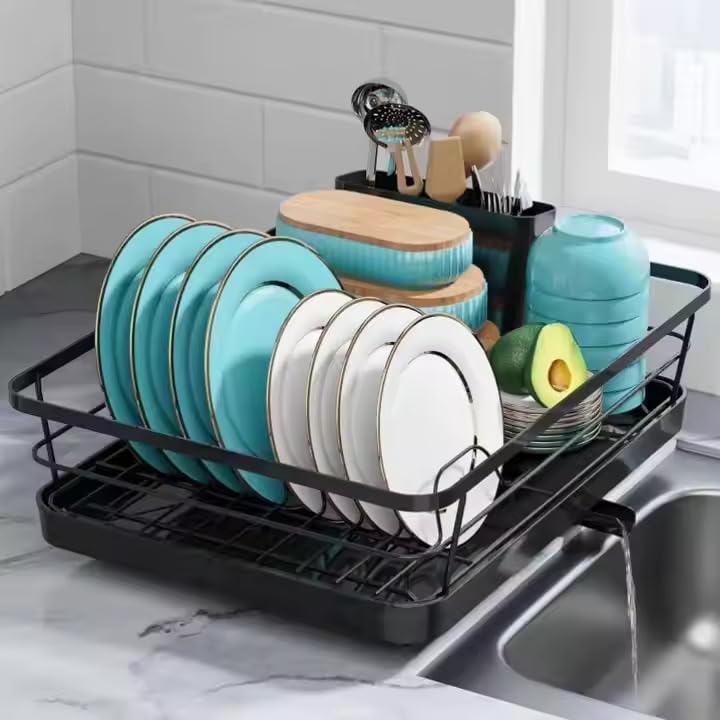 HROY Large Capacity Dish Drying Rack with Drainboard – Kitchen Countertop Organizer for Plates, Cups & Utensils – Rustproof White Metal Dish Rack with Drain Spout (Black, 1 Layer)