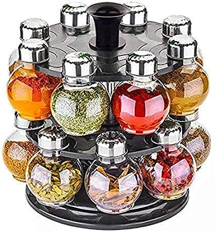 PALAK Multipurpose Plastic Big Revolving Spice Rack 16 in 1 Masala Rack Set Condiment Set Spice Container jar bottle Spice Rack unbreakable (GREY), Tabletop, Tiered Shelf