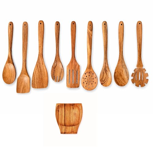 Hashcart Wooden Cooking Spoon & Spatula Set – 10 Pieces Natural Wooden Kitchen Utensils Set for Cooking, Non-Stick Friendly Kitchen Tools