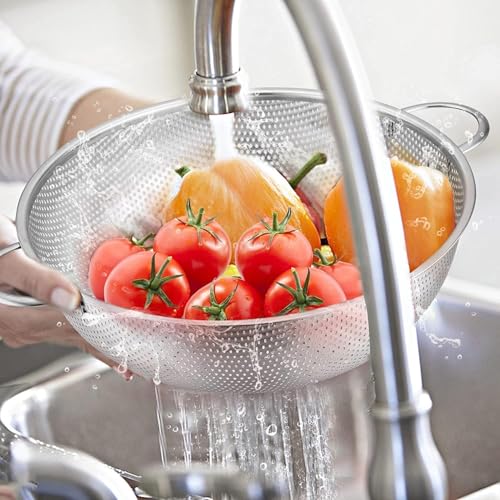 FRESHOME Multipurpose Stainless Steel Colander for Washing Fruits, Rice Strainer, Vegetables Filter Easily in The Kitchen Bowl (Medium) 28.5 x 28.5 x 10 CM, Silver