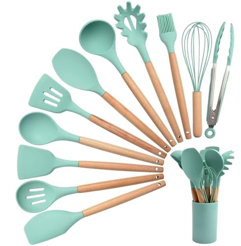 GREEVA 12 Pcs Silicone Kitchen Utensils Set with Holder Heat Resistant Silicone Spatula Turner Set Wooden Spoons Kitchen Tools Cooking Utensils for Nonstick Cookware (Light Green)