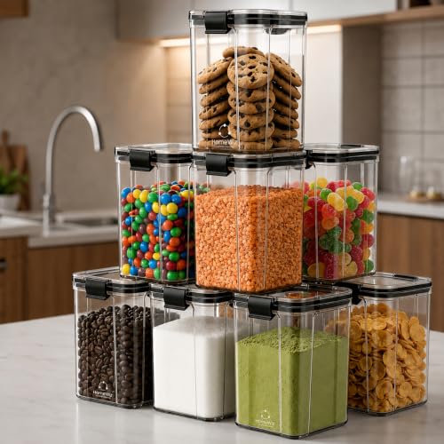 HomeWiz Airtight Kitchen Storage Box 1200ml x8 | Containers For Kitchen Storage Set | Food Grade BPA-Free Kitchen Containers Set With 2 Side Clip-Lock | Stackable, For Pantry and Fridge Storage