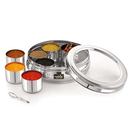 NATULIX Stainless Steel Masala box for Kitchen | Spice Box for for Kitchen | Masala Dabba with See Through Lid with 7 Containers and Small Spoon | Silver (1.5 Ltr | Medium)