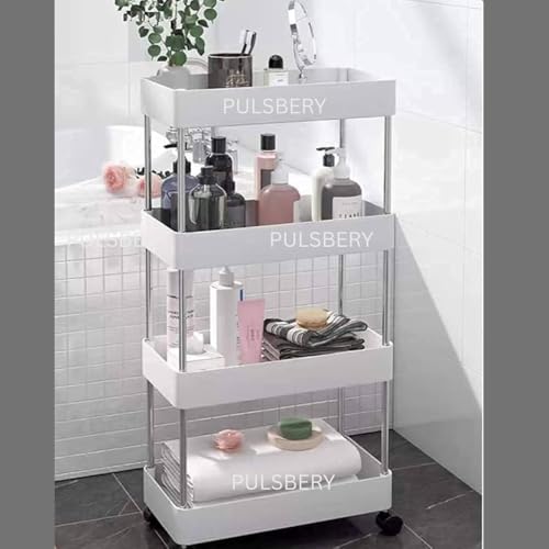Multipurpose Storage Organizer Slim Rack Shelf with Wheels for Living Room, Office, Bedroom, Bathroom, Kids Room, Kitchen Trolley (White, 4 Layer) Plastic