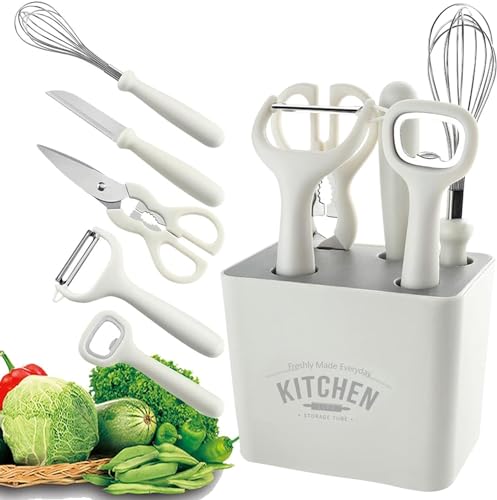 Stainless Steel 6-Piece Kitchen Gadgets Set, Kitchen Scissors, Kitchen Utensils Set with Holder, Paring Knife, Whisk, Bottle Opener, Peeler- Anti-Slip Handle, Decorative Base, White