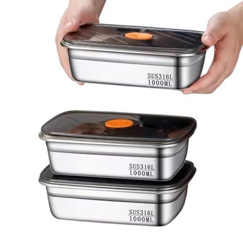 Fridge Storage Box 316 Stainless Steel Food Storage Containers | Food Grade, Leakproof Kitchen Organizer | Freshness Locking, Microwavable & Freezer Safe (1000ml Pack Of 03)
