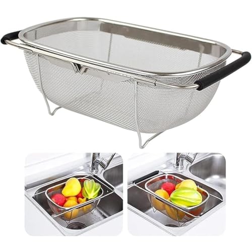 KRESHU Strainer Stainless Steel - Expandable Over the Sink Colander | Stainless Steel with Rubber Grip Handles - Fruits and Vegetable Washing Basket