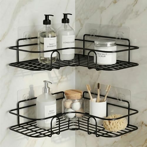 DALUCI Set of 2 Metal Bathroom Corner Shelf Rack | No Drilling Self Adhesive Wall Mounted Storage Organizer for Bathroom & Kitchen | Rustproof Bathroom Shelves (8 & 9 INCH, Black)