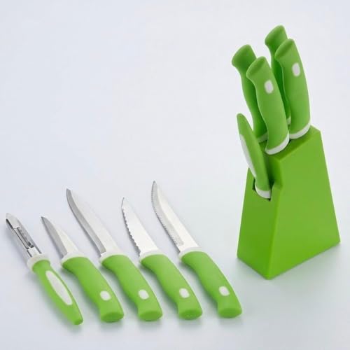 Kitchen Knife Set with Stand, Stainless Steel Blades, Green Handles, Includes Peeler