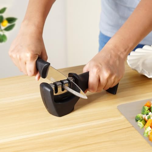 Nestasia Knife Sharpener Tool for Kitchen, 3-Stage Stainless Steel Sharpener for Steel Knives with Ergonomic Handle & Non-Slip Base, Multi-Purpose Blade Sharpening Tool for Home Cooking