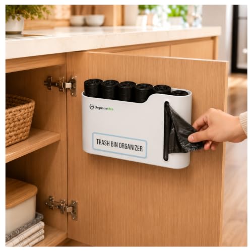 OrganizeMee Garbage Bag Holder & Dispenser - Wall Mounted Trash Bag Organizer Box for Kitchen, Punch-Free Plastic Bag Storage Container & Dustbin Cover Dispenser Kitchen Organiser , White, Qty:1