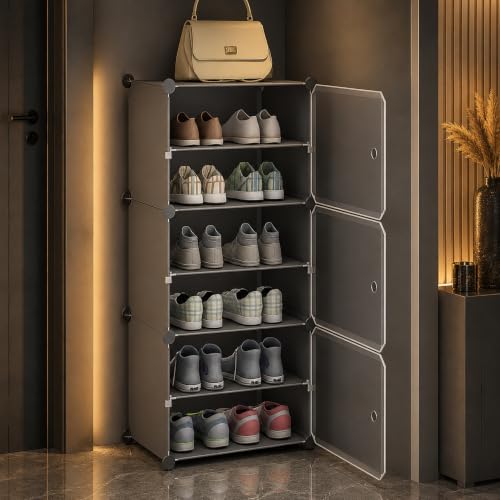 AYSIS Premium Foldable Plastic Shoe Rack for Home, 𝟑 𝐃𝐨𝐨𝐫 𝟔 𝐒𝐡𝐞𝐥𝐟 Shoe Cabinet, Dustproof & Waterproof Organizer, Portable Space Saving Storage for Entryway, Bedroom & Living Room, Grey