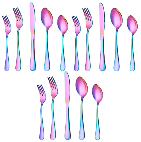 15 Piece Silverware Set Service Premium Stainless Steel Flatware Set,Mirror Polished Cutlery Utensil Set,Durable Home Kitchen Eating Tableware Set(Rainbow, Set of 15)