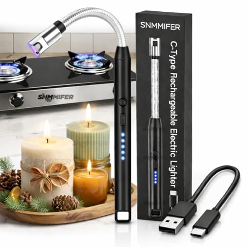 SNMMIFER Electric Lighter, USB C-Type Rechargeable, 360° Flexible Neck, Windproof, for Kitchen Gas Stove, Candles, Pooja, Black