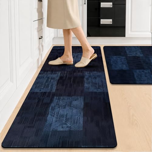 SITTELLA Waterproof Kitchen Mats for Floor Anti Slip, Set of 2, (40x60 CM & 120x40 CM), Blue-Checks | Soft Anti Skid Washable Kitchen Floor Mats | Kitchen Runner for Home & Laundry