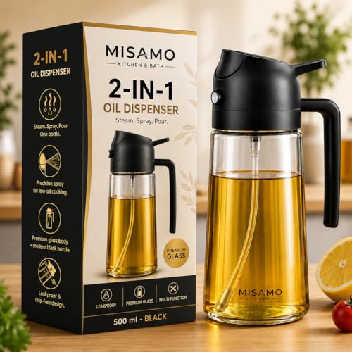 Misamo Enterprise 2-in-1 Oil Dispenser & Sprayer for Kitchen, 500ml, Black | 2-in-1 design delivers a fine mist spray or smooth pour for precise oil control while cooking, grilling, and baking.