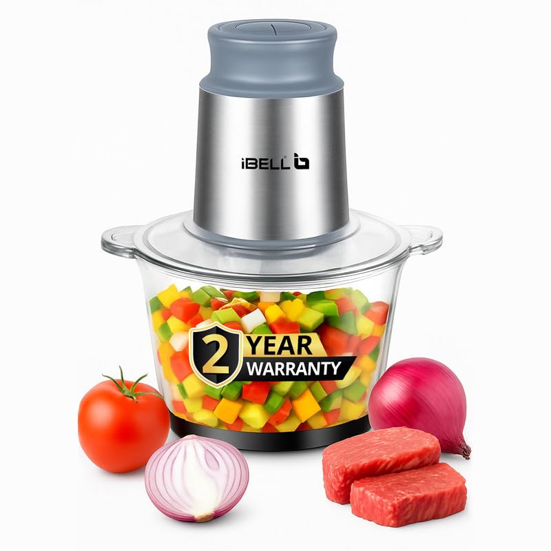 IBELL MT200GM Electric Chopper, 2-Yr Warranty, 2 Litre Glass Bowl, 700W, Multi Purpose for Cutting Slicing Meat, Vegetables, Nuts & Fruits (Silver)