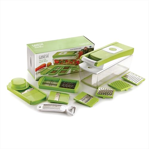Ganesh 14 in 1 Multipurpose Chopper, Fruits & Vegetable Cutters, Grater Peeler Chipser, Unbreakable Food Grade Body, Easy Push to Clean Button Slicer Dicer, Chopper for Kitchen (Green, Plastic)