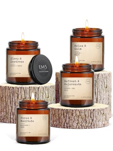 EM5 Aromatherapy Scented Candles Set of 4 | Sleep/Destress - Focus/Meditate - Relax/Calm - Refresh/Rejuvenate | 100g Each, 40Hrs Burn Time | 100% Natural Wax | Non-Toxic, Clean Burning Candles