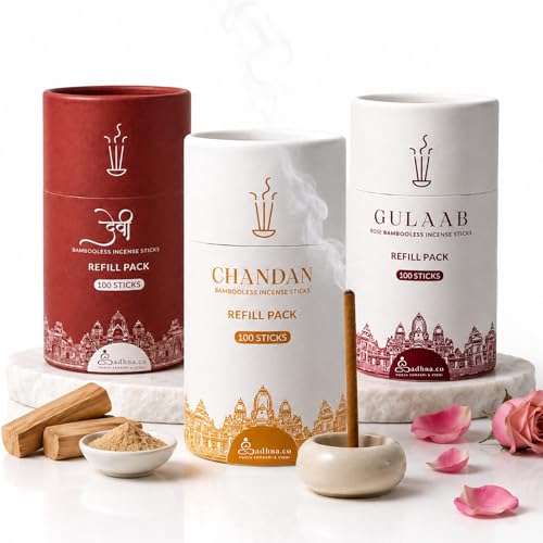 Bambooless Incense Sticks Refill Combo, Gulaab, Chandan & Devi, 300 Sticks, Natural Dhoop Agarbatti for Pooja