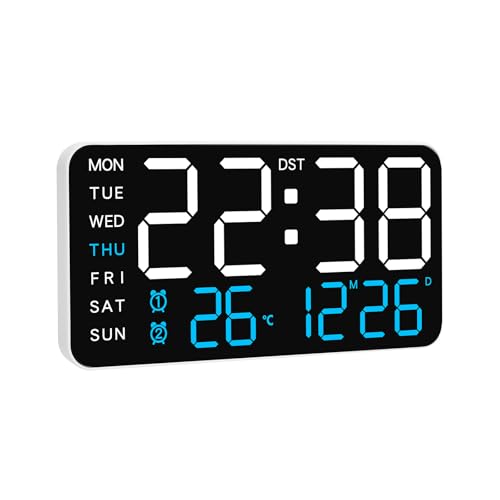 KCKJ Large Digital Alarm Clock for Bedroom & Home - with Temperature, Date and Weekday Display, Adjustable Brightness & Volume, Dual Use for Desk or Wall Mount