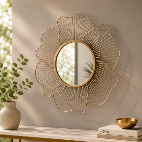 Artemade Gold Flower Wall Mirror, 24 Inch Round Metal Frame Decorative Accent Mirror for Living Room, Bedroom, Entryway, Bathroom