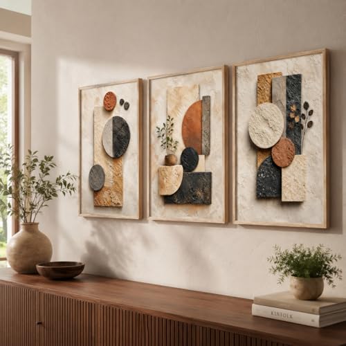 Livin'luxe Set of 3 Geometric Abstract Wall Photo with Frame for Living Room Bedroom Hall Office Decor, Premium Wooden Synthetic Frame Modern Artwork Gift