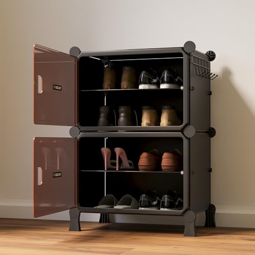 BOXJOY 4 Shelf Black Shoe Rack with 2 Brown Doors & Steel Holder