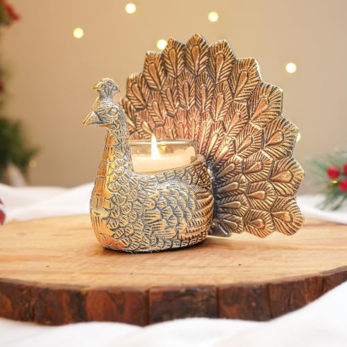 BEHOMA Metal Dancing Peacock with Scented Glass Votive Candle, Golden