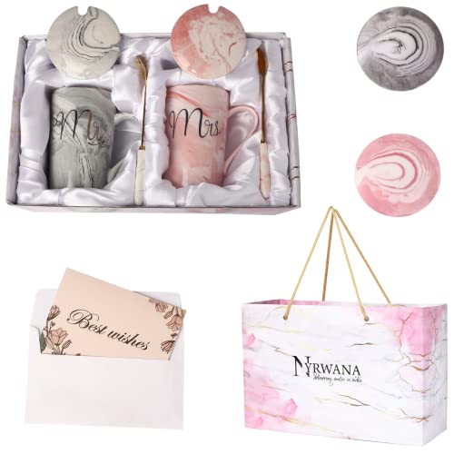 NYRWANA Coffee Mug, Wedding Present for Couples, Rakhi Gift for Brother and Bhabhi, Mr & Mrs Set of 2 Coffee Mugs, Lids, Golden Spoon & Beautiful Gift Box (380ml-Ceramic)
