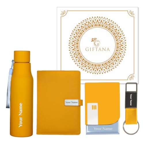 Giftana 4 in 1 Personalized Diary with Water Bottle 750ml, Card holder, Keychain Gift Set for Men and Women, Personalized Gifting Items for Doctor, Diwali Corporate Gift for Employee (Yellow)