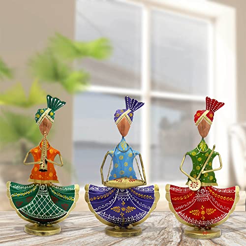 Handicrafts Paradise Tribal Rajasthani Musicians in Iron Decorative Gift Item Showpiece for Home Décor, Multicolour (13.5 inch) - Set of 3pc