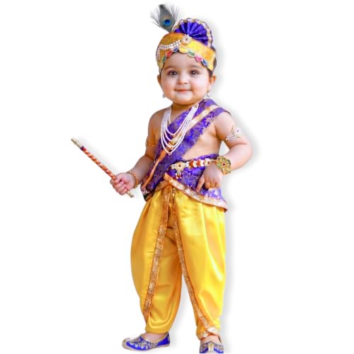 Kaku Fancy Dresses Krishna Costume with Dhoti for Boy/Janmashtami/Bal Gopal Dress/Kanha Costume/Bal Krishna/Mythological Costume for Boy - Yellow-Red, 1-2 Years
