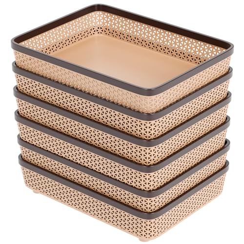 TEX-RO Plastic Trays for Storage Organizer | Multipurpose Tray for Kitchen, Office & Drawer | Storage Tray for Documents, Cosmetics, Stationery | Woven Design Basket - Brown, Pack of 6