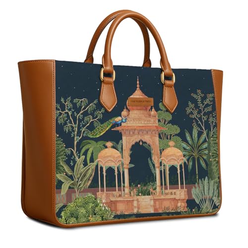 The Purple Tree Handcrafted Women's Tote Bag with Vegan Leather Handles & Indian Prints, Shoulder Tote Bag and Handbag for Office and College (Pack of 1)