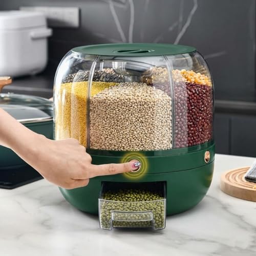 Dravizon Rotating Grain Storage Bin 6 Grids Rice Container One-Click Output Large Capacity Food Dispenser For Rice Grains Sealed Moisture Proof Organizer