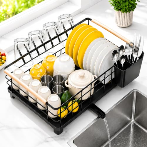 COMFYHOME Bartan Basket with Drain Tray and Automatic Drainage,Thickened Carbon Steel,Utensils Drying Rack Includes Detachable Cutlery Holder and Cup Holder,Suitable for Any Kitchens (43 x 30 x 13cm)