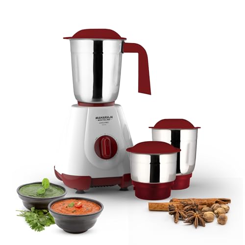 Maharaja Whiteline 500W Mixer Grinder with 3 Stainless Steel Jars with lid and 20,000 RPM Motor Speed (White & Cherry Red)