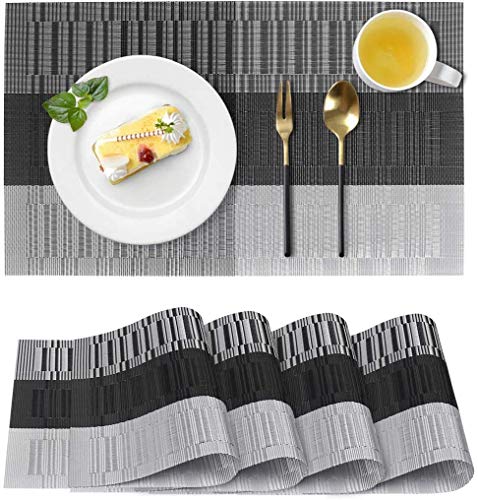 Dining Table Mats 6 Pieces, Washable Heat and Stain Resistant, Indoor Outdoor Placemats, PVC Table Placemat Pack of 6 (Black and Silver)