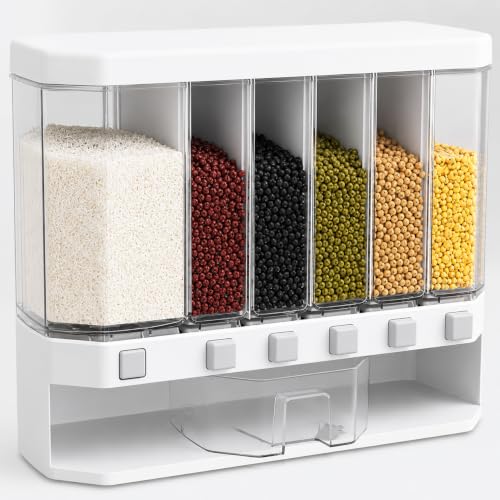 VIKEYHOME 6-Grid Round Food Dispenser | 360° Rotating Food Bucket Transparent Rice Storage Container | Rotatable Dry Food Fruit Cereal Storage Box Container with Lid for Home and Kitchen (W)